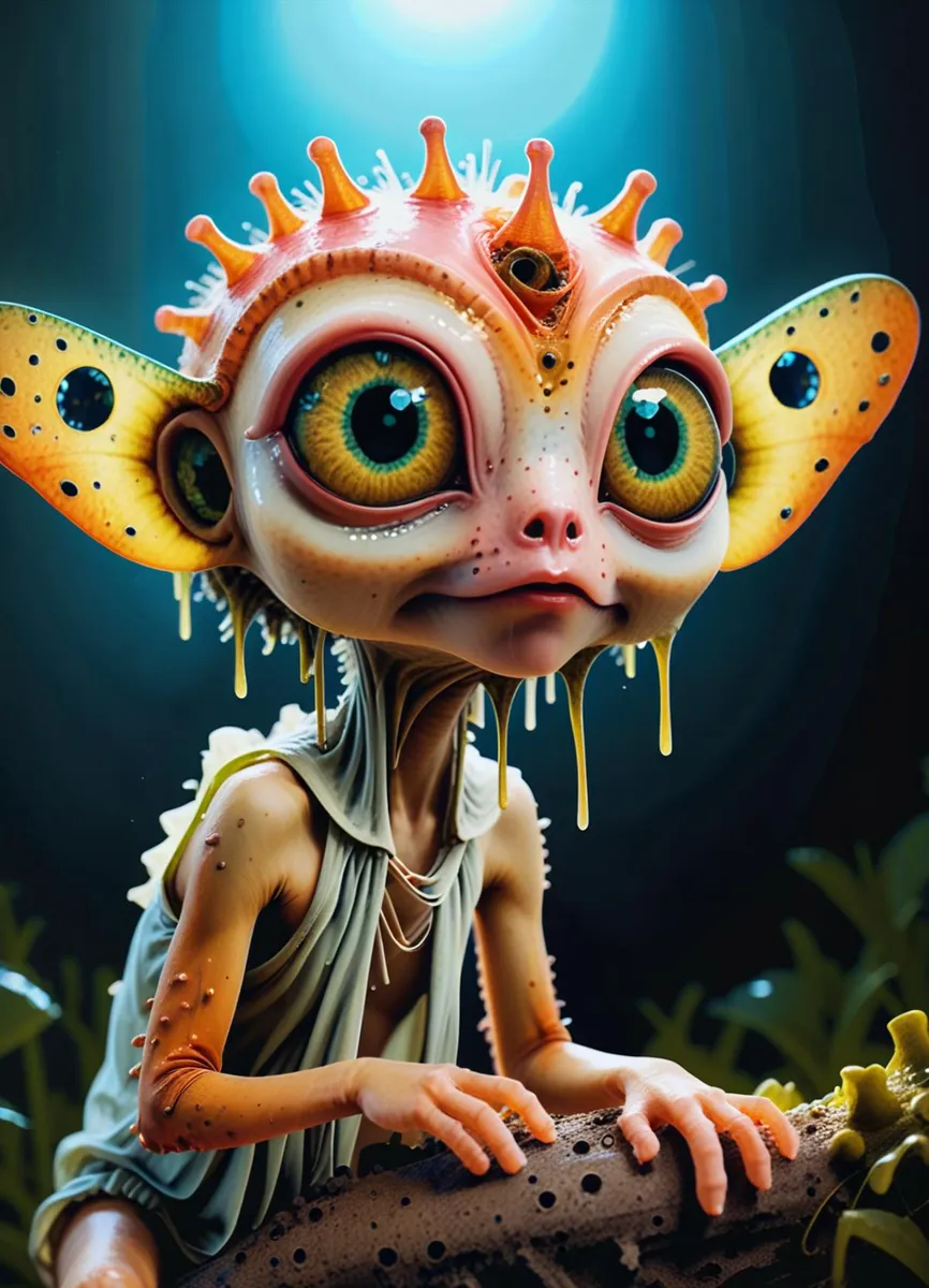 A fantasy creature with large eyes and colorful features, AI generated using Stable Diffusion.