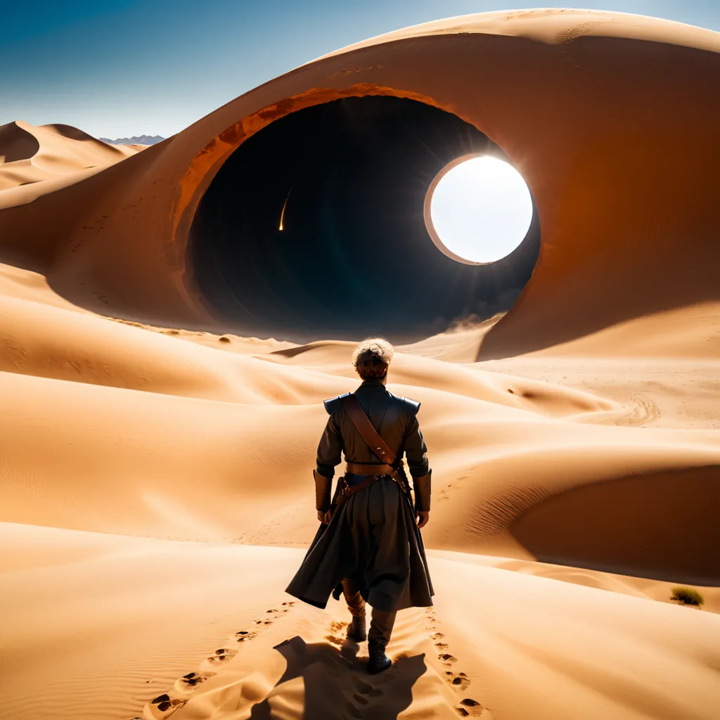 A lone wanderer in a fantasy desert landscape approaching a mysterious, large circular portal in the sand dunes. This is an AI generated image using Stable Diffusion.