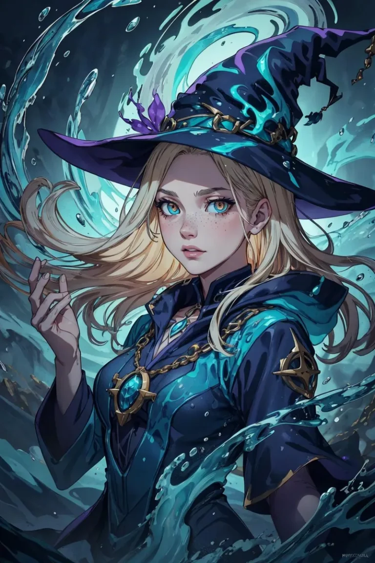 An AI generated image using stable diffusion showing a blonde anime-style female witch with a detailed hat, dark robes, blue magical energy swirling around her.