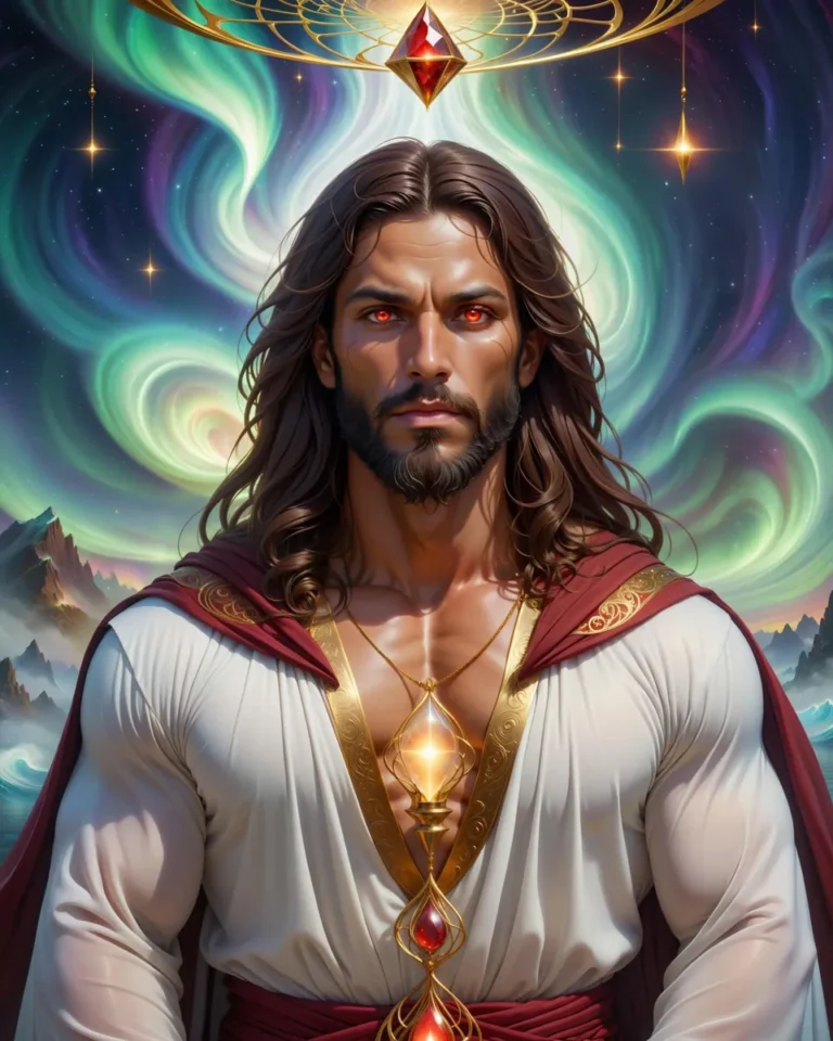 Fantasy character, a muscular wizard, with long hair, a beard, wearing a white robe with red detailing, and a glowing amulet. AI generated image using Stable Diffusion.