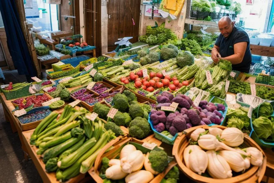 A vibrant display of fresh vegetables at a local farmers market, featuring an array of colorful produce including tomatoes, broccoli, and purple cauliflower. This is an AI generated image using Stable Diffusion.