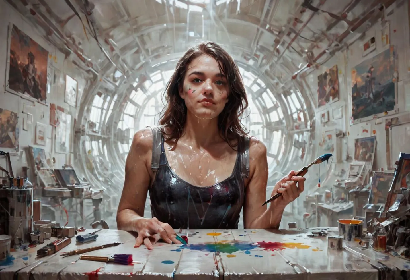 A female artist with paint on her face and clothes, in a space station setting, created using AI and Stable Diffusion.