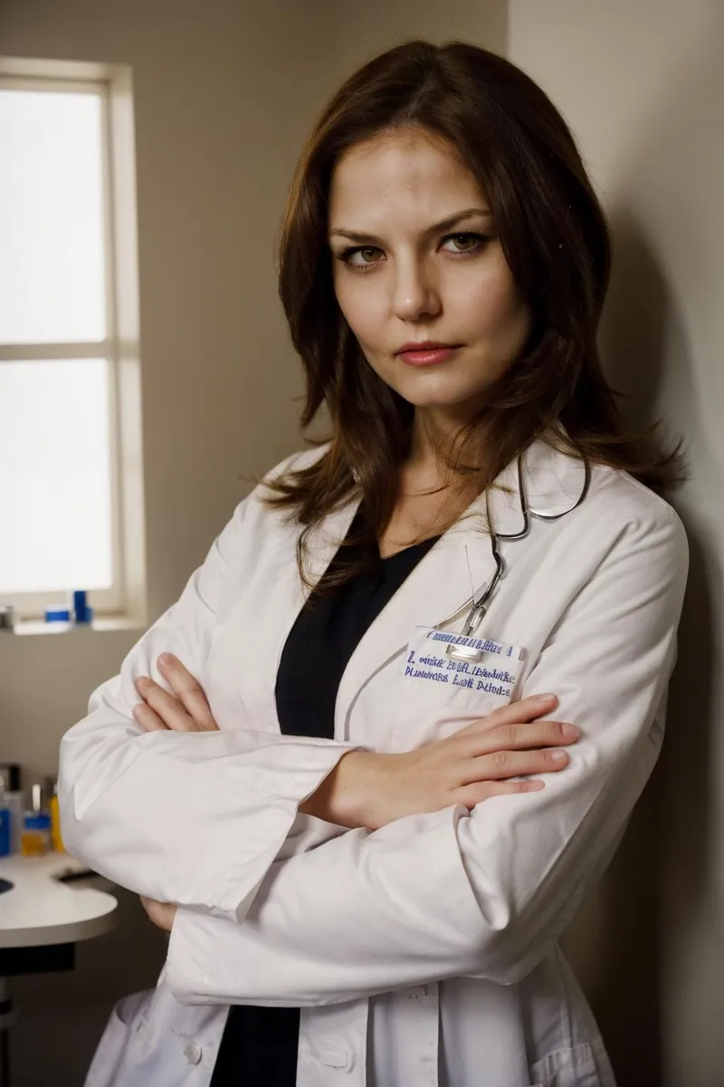 A female doctor standing with arms crossed, wearing a white coat, and a stethoscope around her neck. AI generated image using stable diffusion.