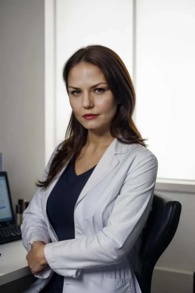 A professional portrait of a female doctor in a white coat, seated in a medical office. This is an AI generated image using stable diffusion.