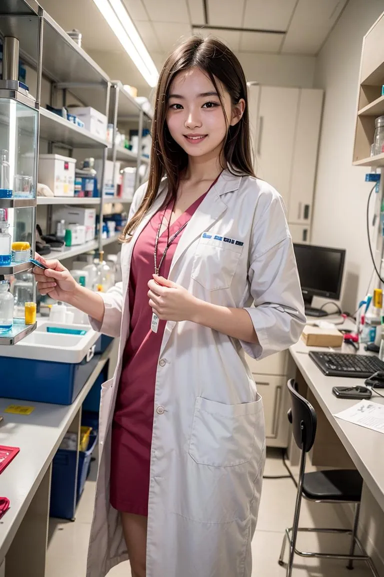 AI generated image of a female scientist in a laboratory wearing a white lab coat using Stable Diffusion.