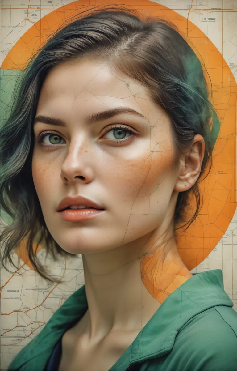 A close-up portrait of a freckled woman with teal and brown hair, designed using Stable Diffusion AI. The background features an abstract map design with orange and green hues.