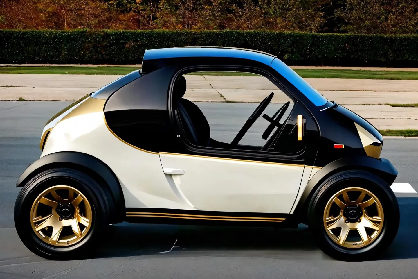 A sleek, modern, futuristic car with a compact design, black and gold color scheme, and large gold wheels, created using Stable Diffusion AI.