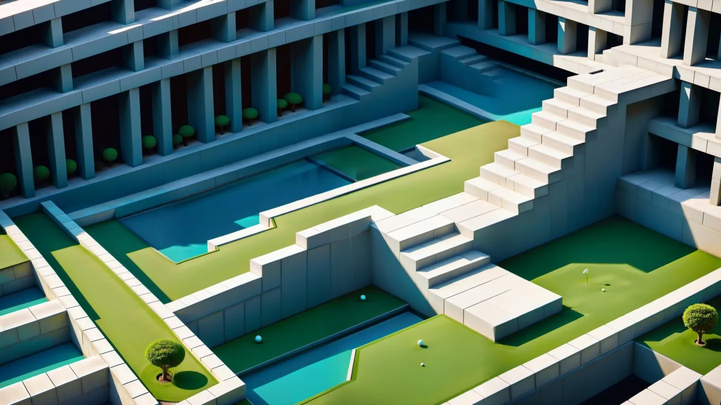 Isometric architecture of a futuristic mini-golf course with green and blue elements, generated by AI using Stable Diffusion.