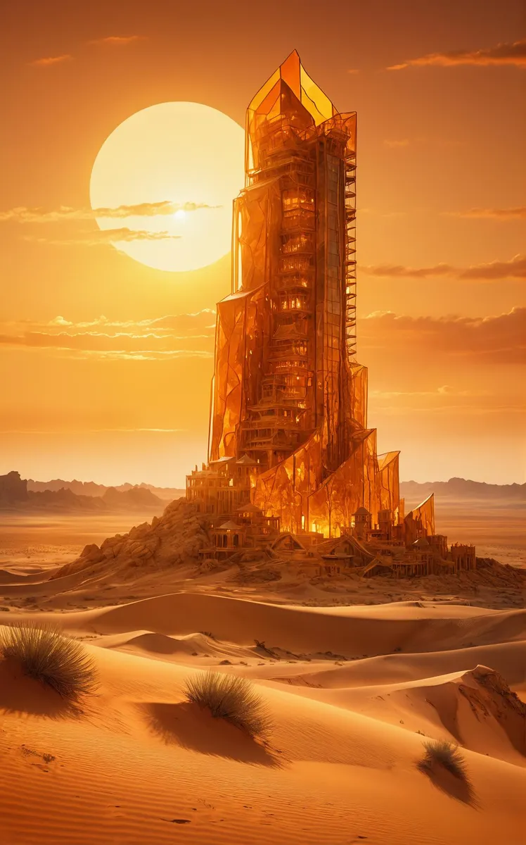 A futuristic skyscraper dominates a desert landscape at sunset, created using Stable Diffusion.