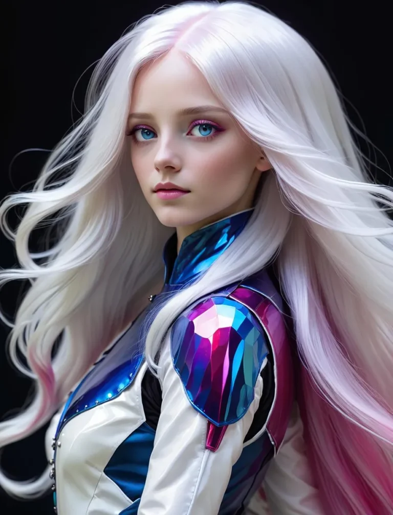 AI generated image using Stable Diffusion of a young woman with long, flowing white hair in a futuristic, colorful outfit.