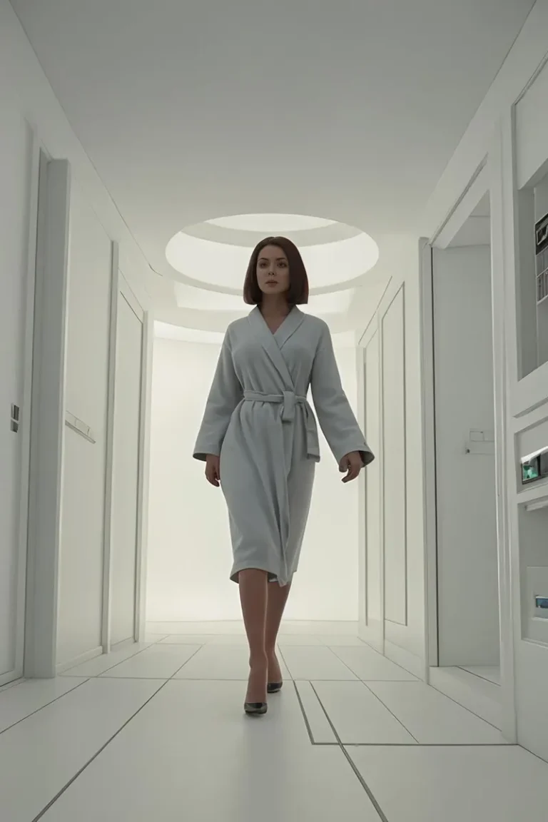 Futuristic woman in a minimalist hallway. AI generated image using Stable Diffusion.