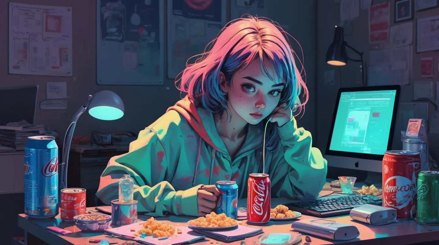 A gamer girl with colorful hair sitting at a computer desk with neon lighting, surrounded by snack cans and illuminated by a desk lamp. AI generated image using stable diffusion.