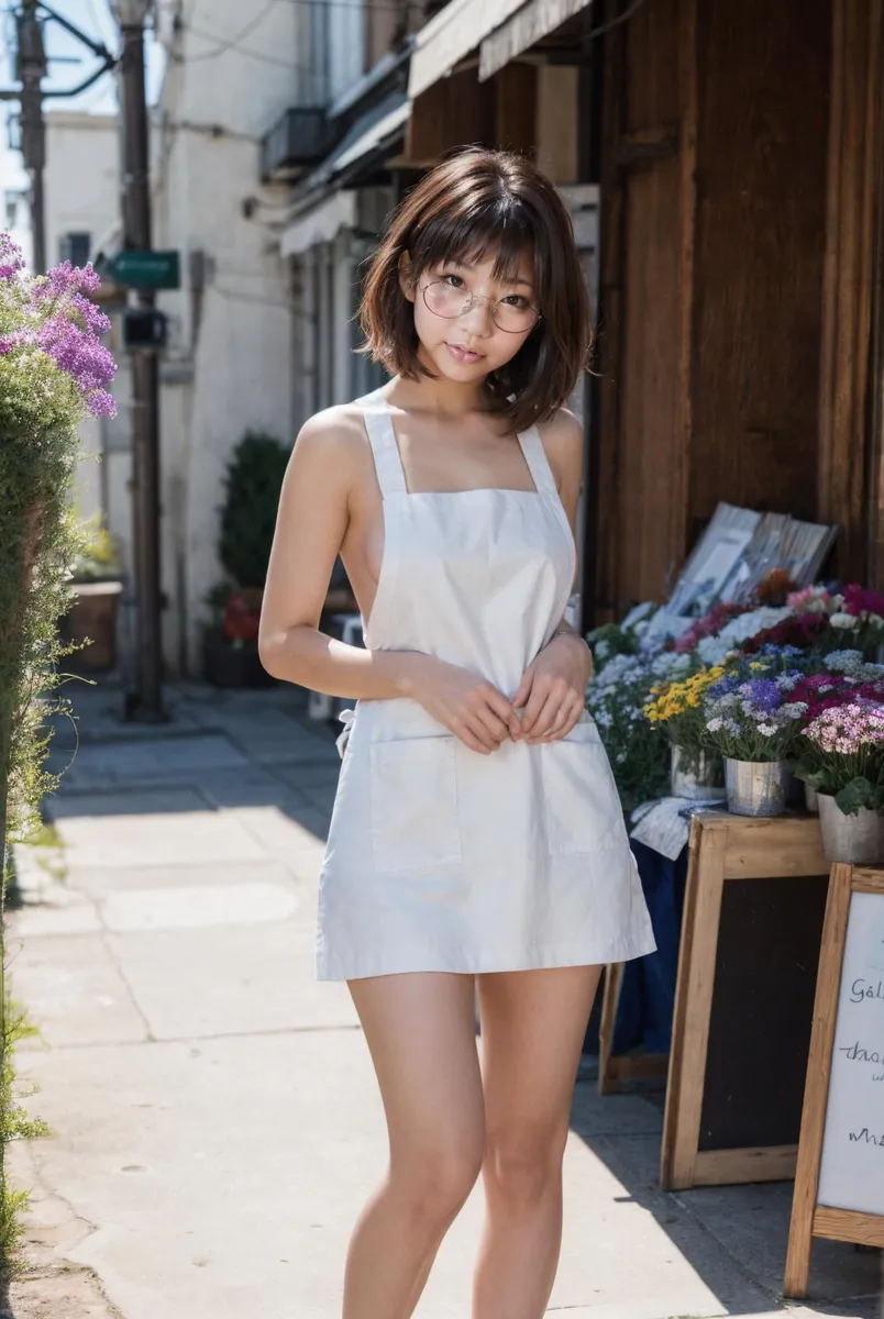 A realistic AI-generated image using Stable Diffusion shows a young woman in a white apron standing outside a flower shop with colorful flowers in the background.