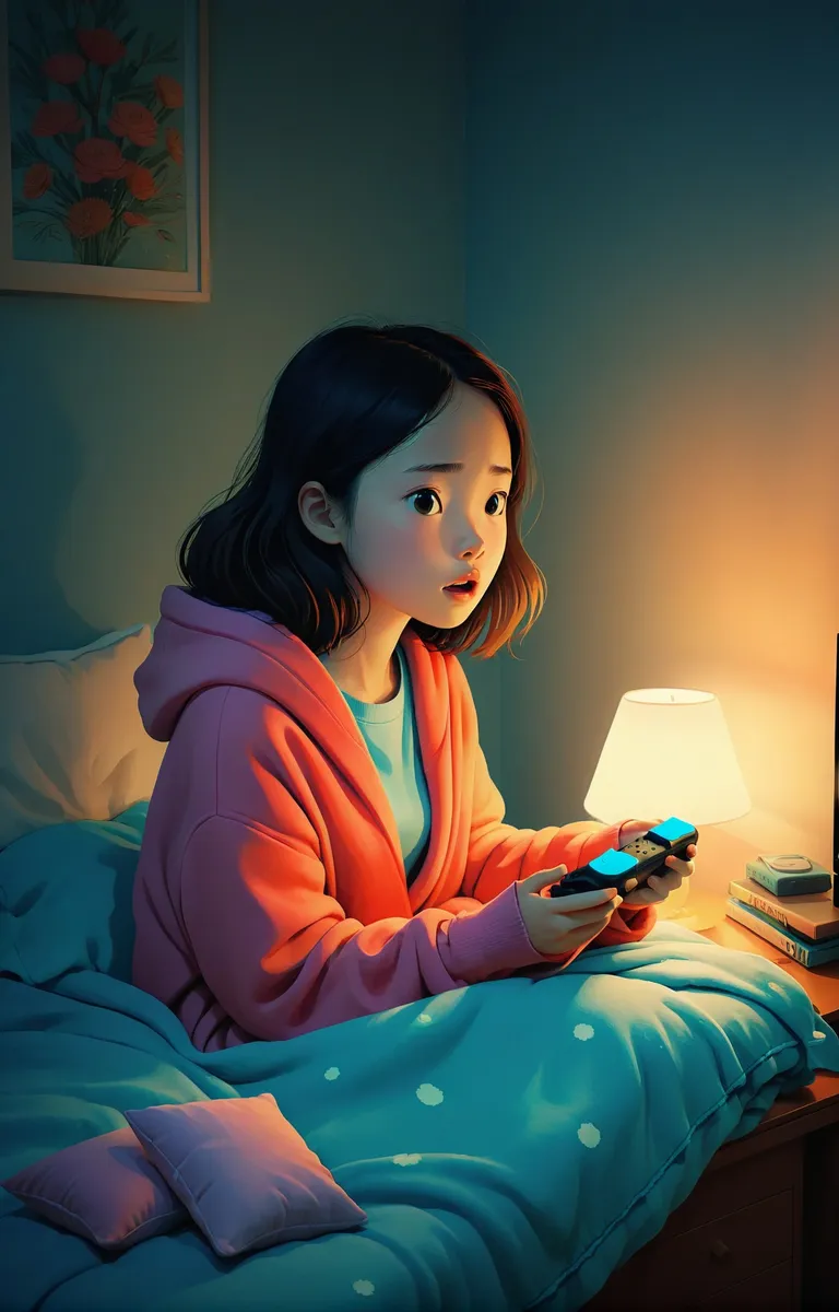 A young girl sitting on her bed in a dimly lit room, focused on playing a video game. She wears a pink hoodie and holds a glowing controller in her hands, with a small lamp on the bedside table casting a warm light.