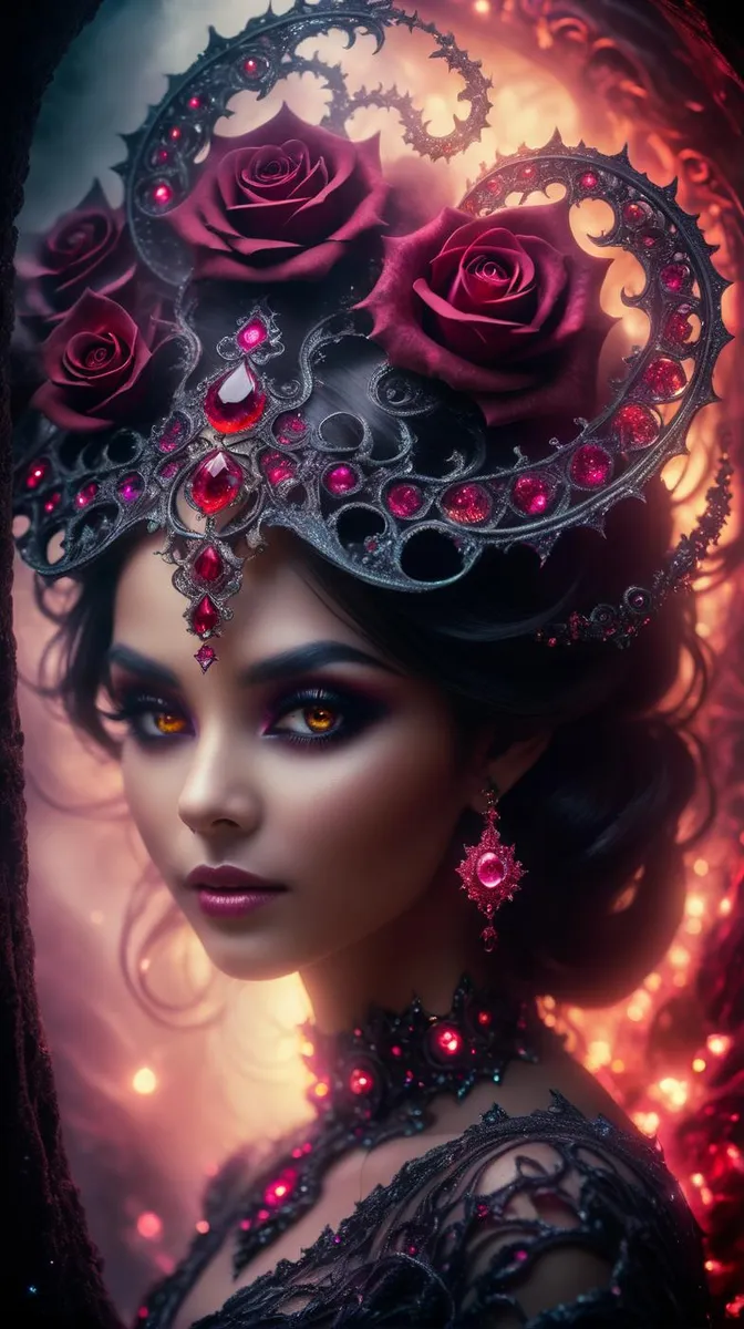 Fantasy gothic princess with intricate headpiece adorned with roses and jewels, AI-generated image using stable diffusion.