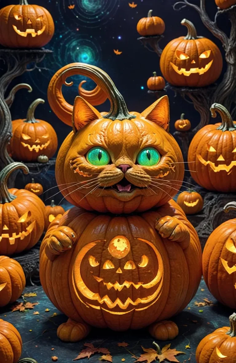 A Halloween cat carved from pumpkins with glowing green eyes, surrounded by other carved pumpkins. AI generated image using Stable Diffusion.