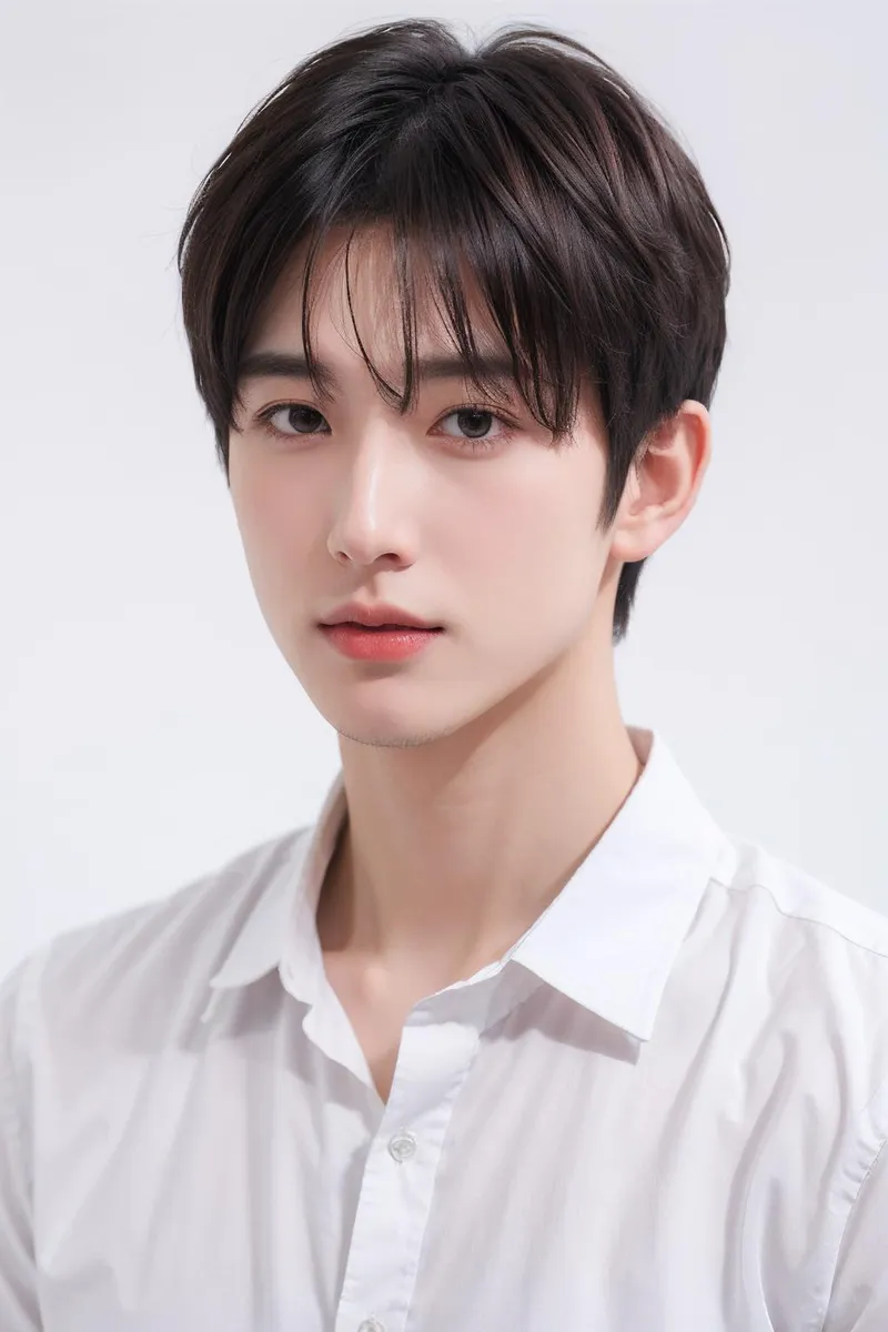 A close-up portrait of a handsome young man with short dark hair, wearing a white shirt, created using Stable Diffusion AI.