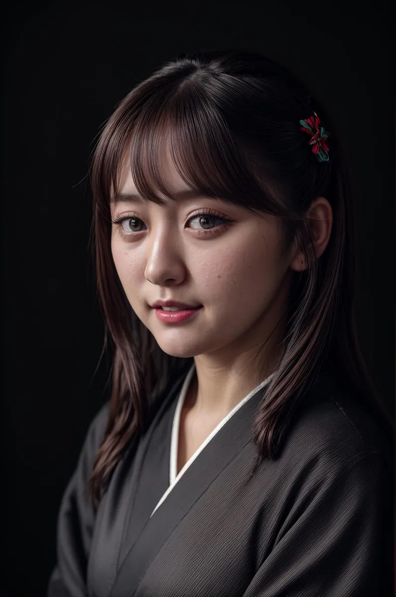 A close-up portrait of a Japanese woman with dark hair, wearing a traditional black kimono, created using Stable Diffusion.