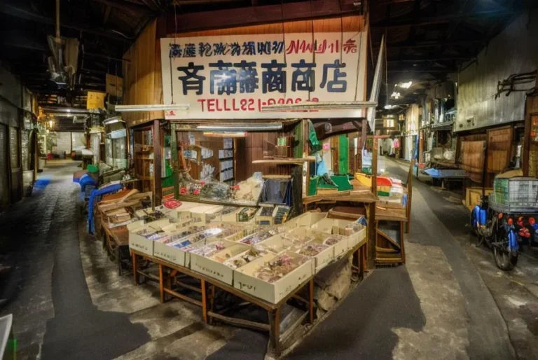 Interior of a traditional Japanese market featuring a small shop with various goods displayed in boxes. This is an AI generated image using Stable Diffusion.