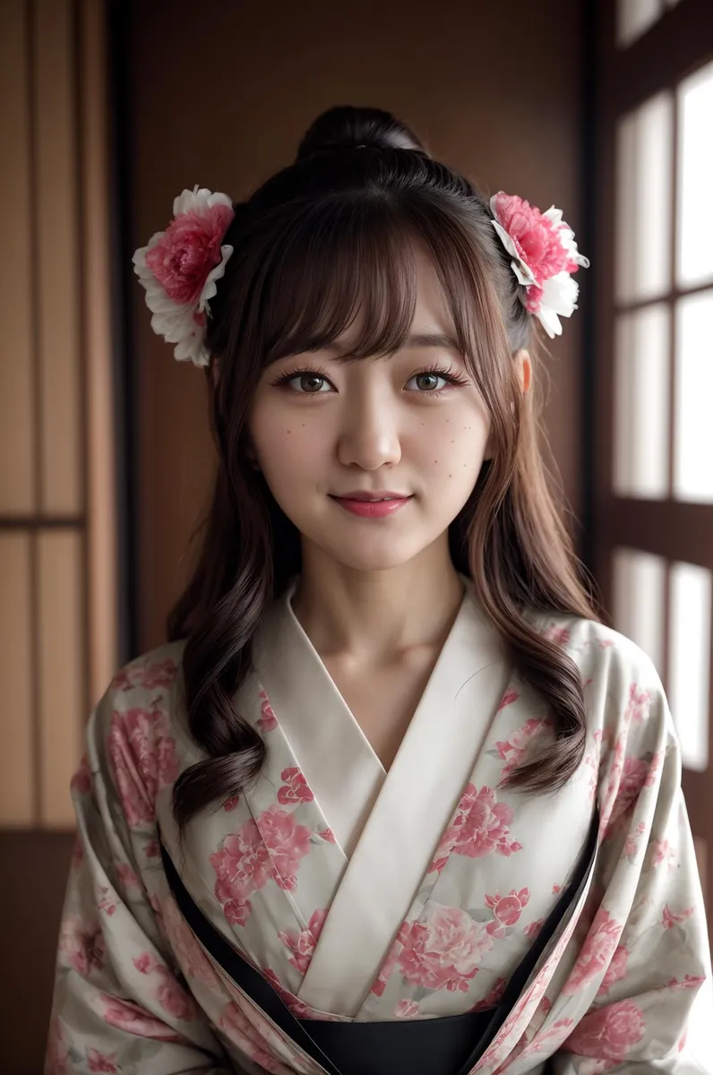 AI generated image of a Japanese woman in a traditional floral pink and white kimono, using Stable Diffusion.