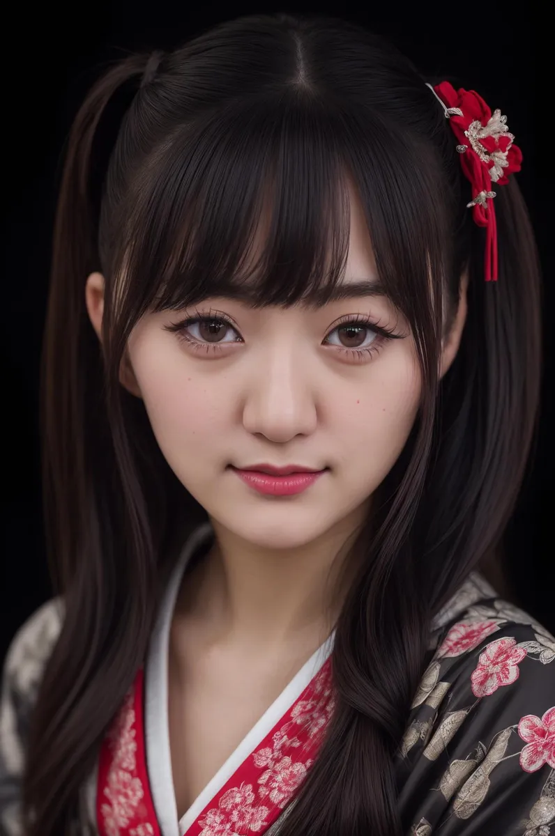 A detailed close-up portrait of a Japanese woman in traditional attire with red floral patterns, emphasizing that this is an AI generated image using Stable Diffusion.