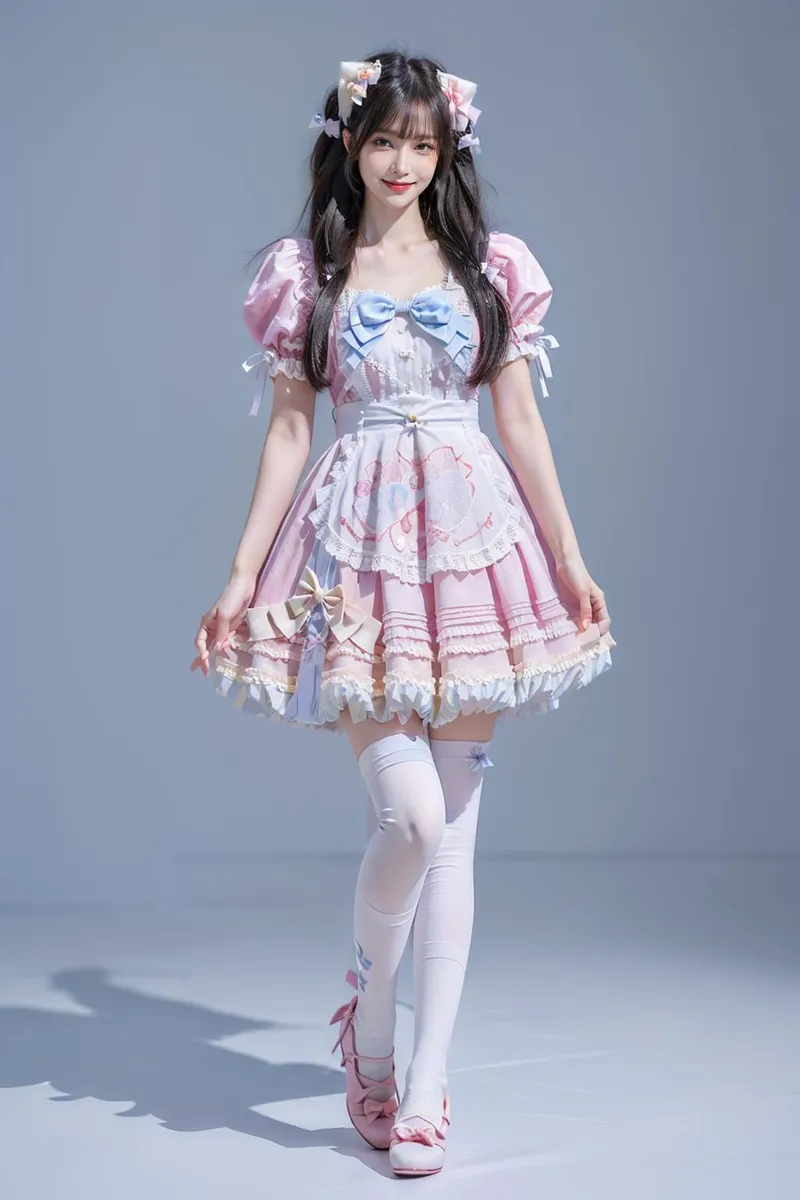 Cute girl in pink Lolita dress with bow accessories, AI generated image using stable diffusion.