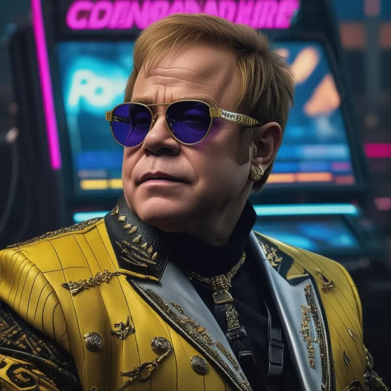 A luxurious man wearing cyberpunk-style attire, featuring a golden jacket with intricate designs, a black high-collared shirt, gold-rimmed purple sunglasses, and a detailed necklace. AI generated image using Stable Diffusion.