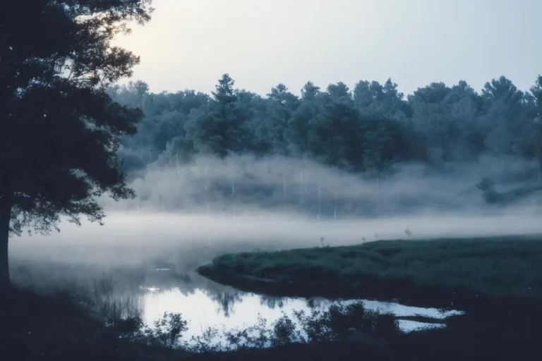 A serene, misty lake surrounded by a dense forest, gently lit by early morning light. This is an AI generated image using stable diffusion.