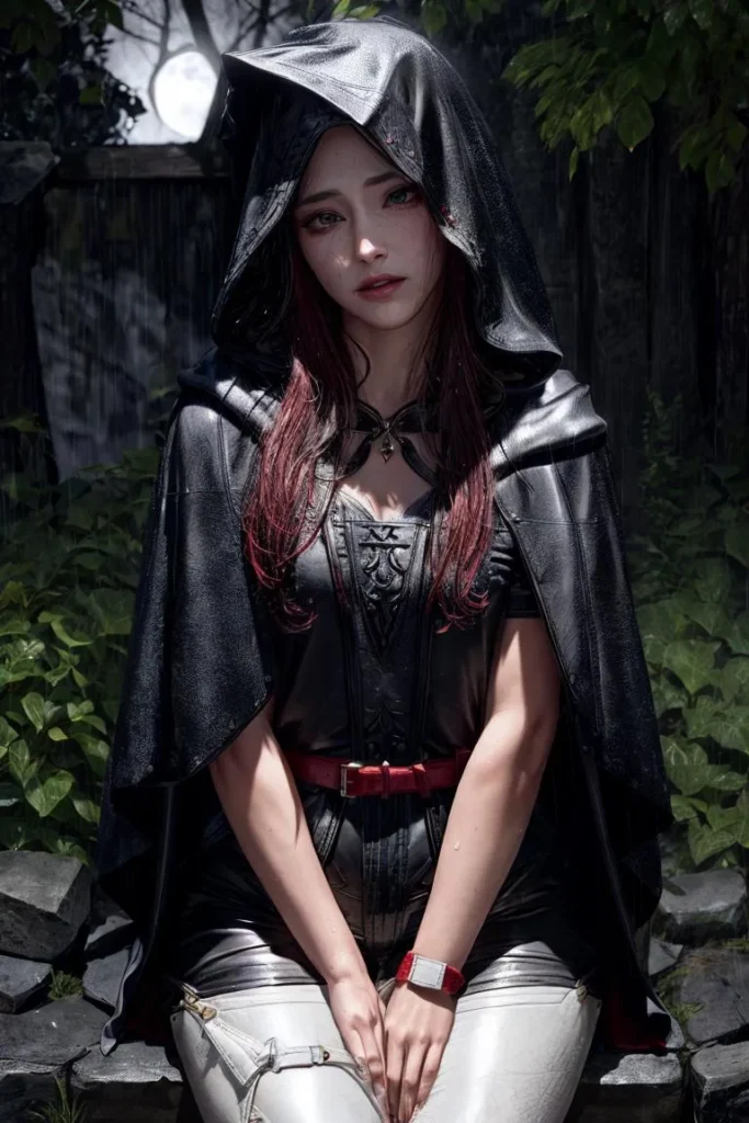 Ai generated image of a mysterious woman with long red hair, wearing a black leather cloak and sitting against a backdrop of greenery at night.