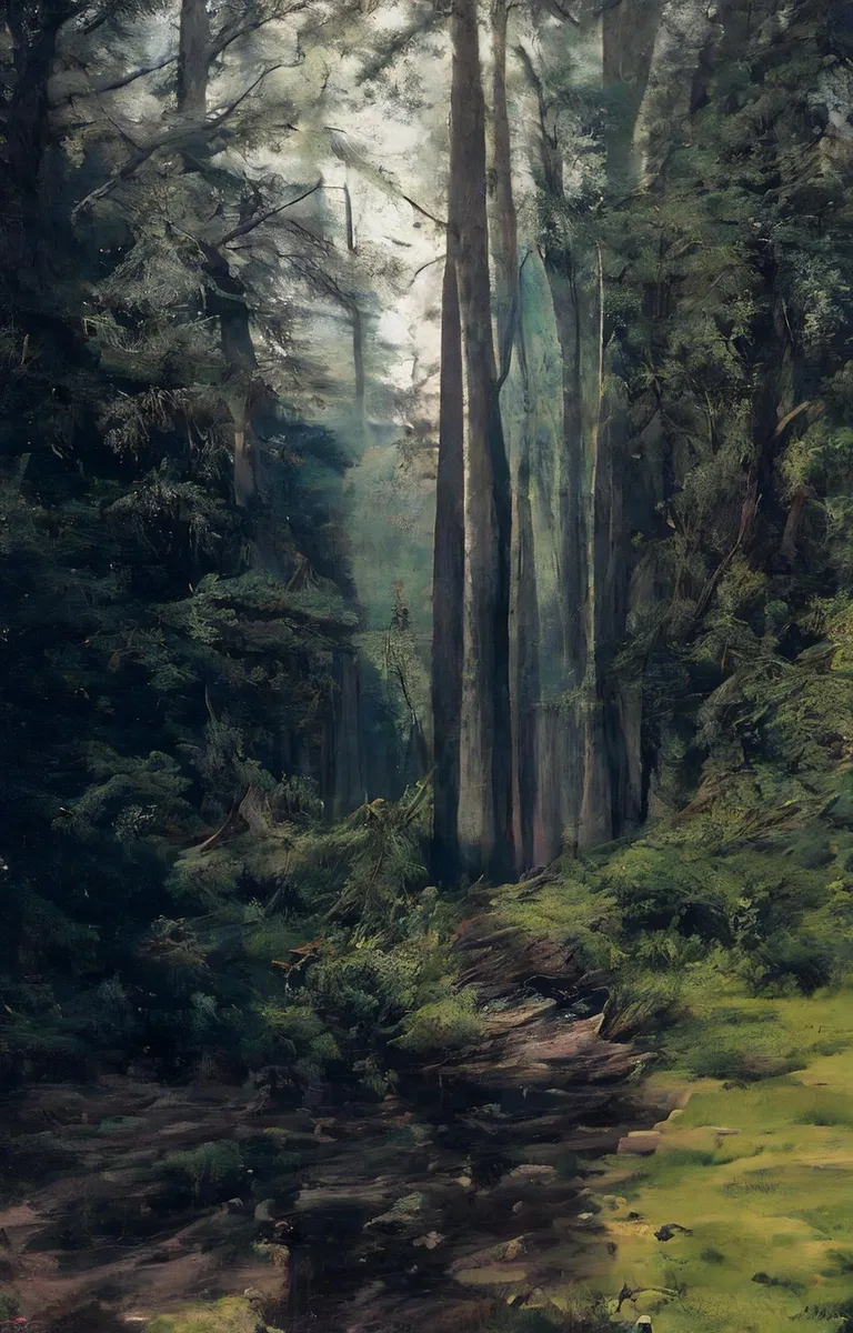 Mystical and serene forest with tall, dense trees and moss-covered ground. This AI generated image using Stable Diffusion portrays a tranquil woodland scene.