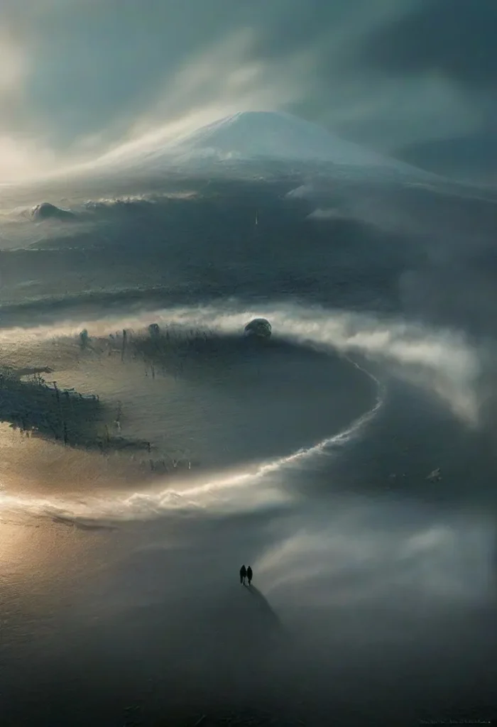 Ai generated image using stable diffusion of a mystical landscape with foggy mountains, swirling clouds, and two figures walking.