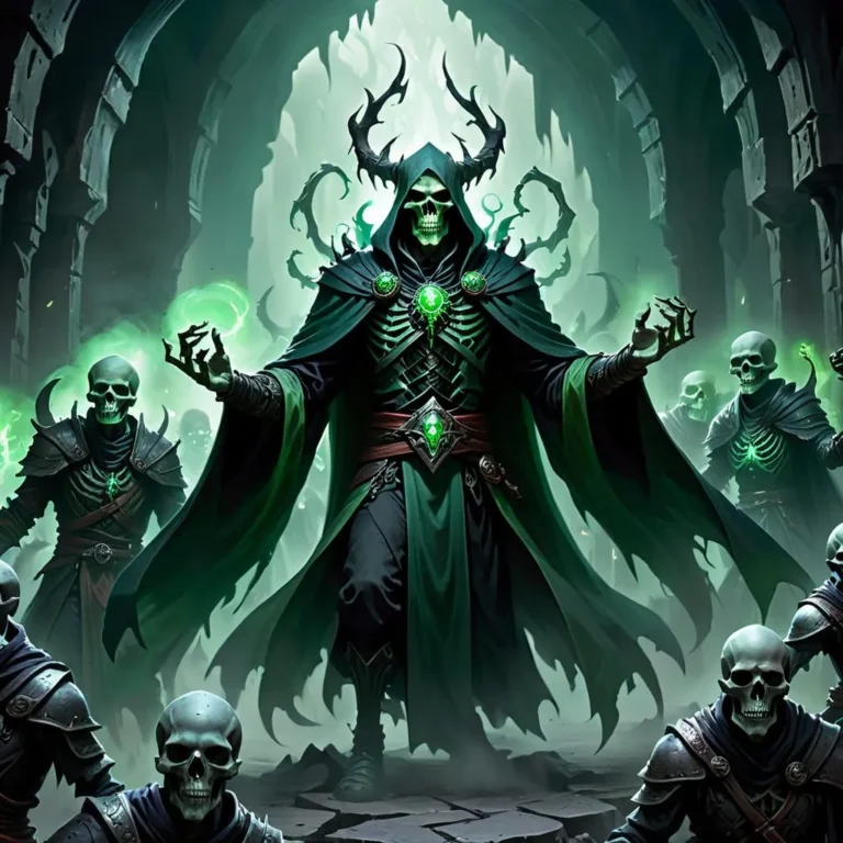 A dark necromancer with glowing green eyes summoning a skeleton army in a gothic, dungeon-like setting generated using Stable Diffusion.