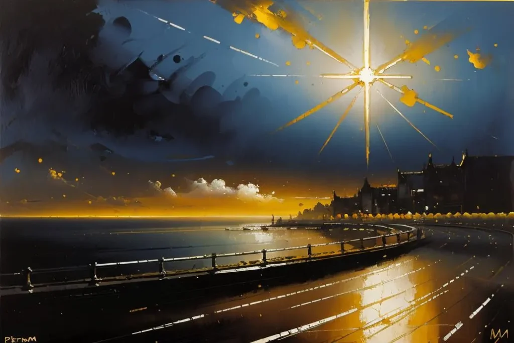 Ai generated image of a dramatic night sky above a tranquil coastal scene with a radiant, glowing star and distant buildings using stable diffusion.