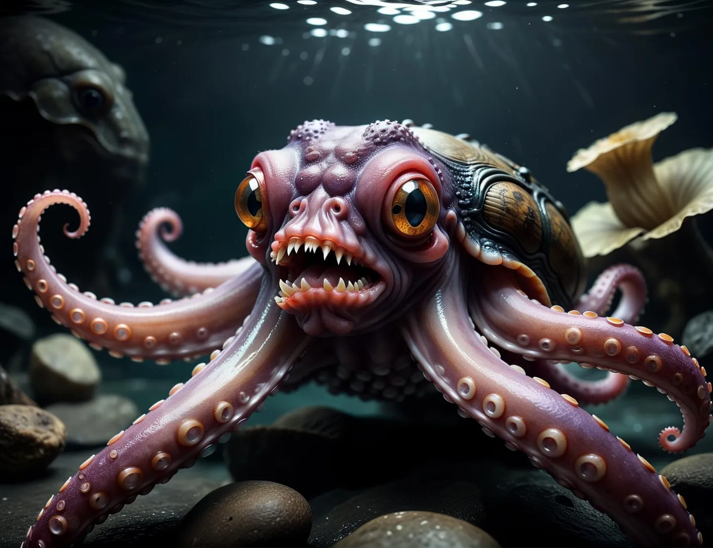 Fantasy creature hybrid of an octopus and turtle in a detailed underwater scene. AI generated image using Stable Diffusion.