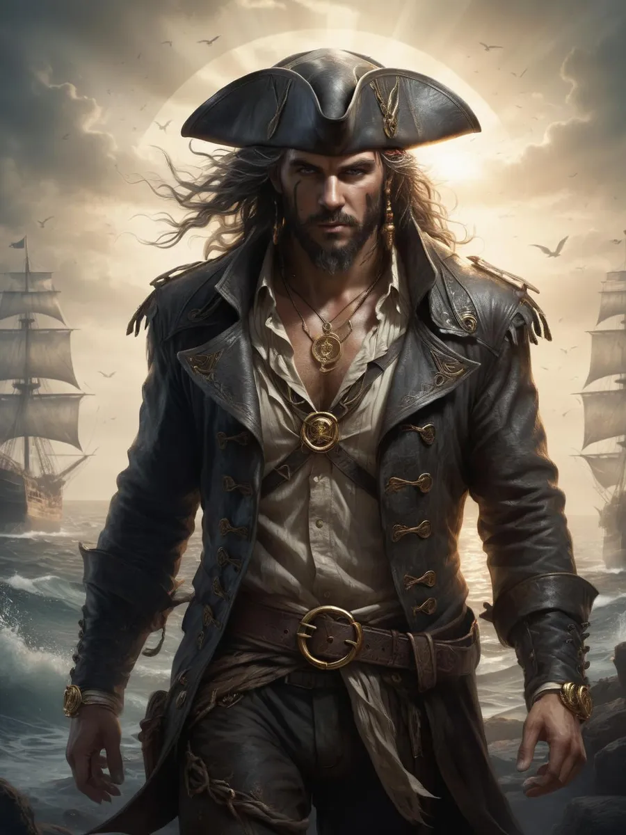 A digitally generated pirate with long hair and a tricorn hat stands on a ship with other vessels in the background, created using Stable Diffusion.