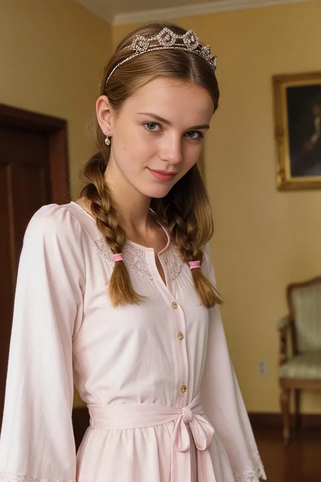 Young woman with braided hair wearing a tiara and light pink dress, standing in a softly lit room emphasizing princess-like elegance.