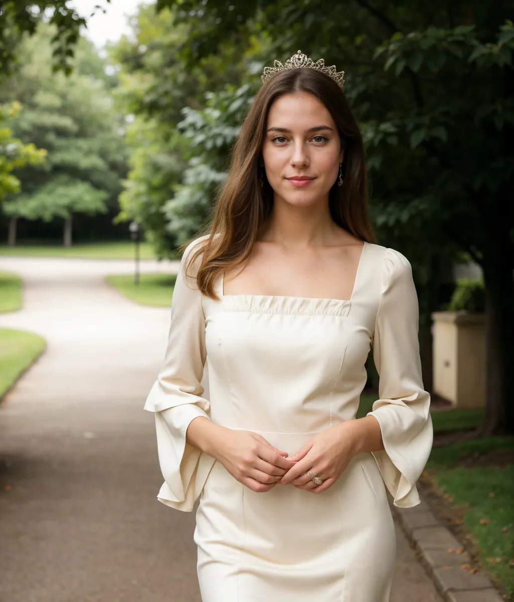 Elegant princess wearing a wedding dress and a tiara, created by AI using Stable Diffusion.