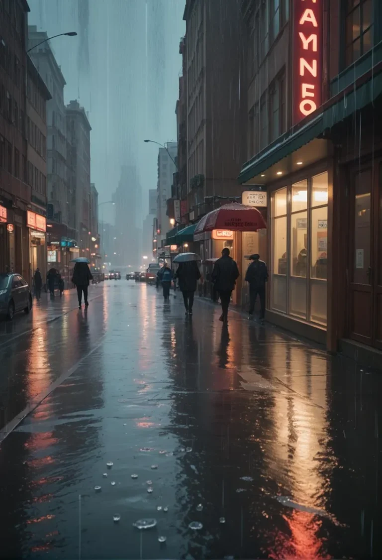 An AI-generated image using Stable Diffusion depicts a rainy city street at night with neon lights reflecting on the wet pavement.