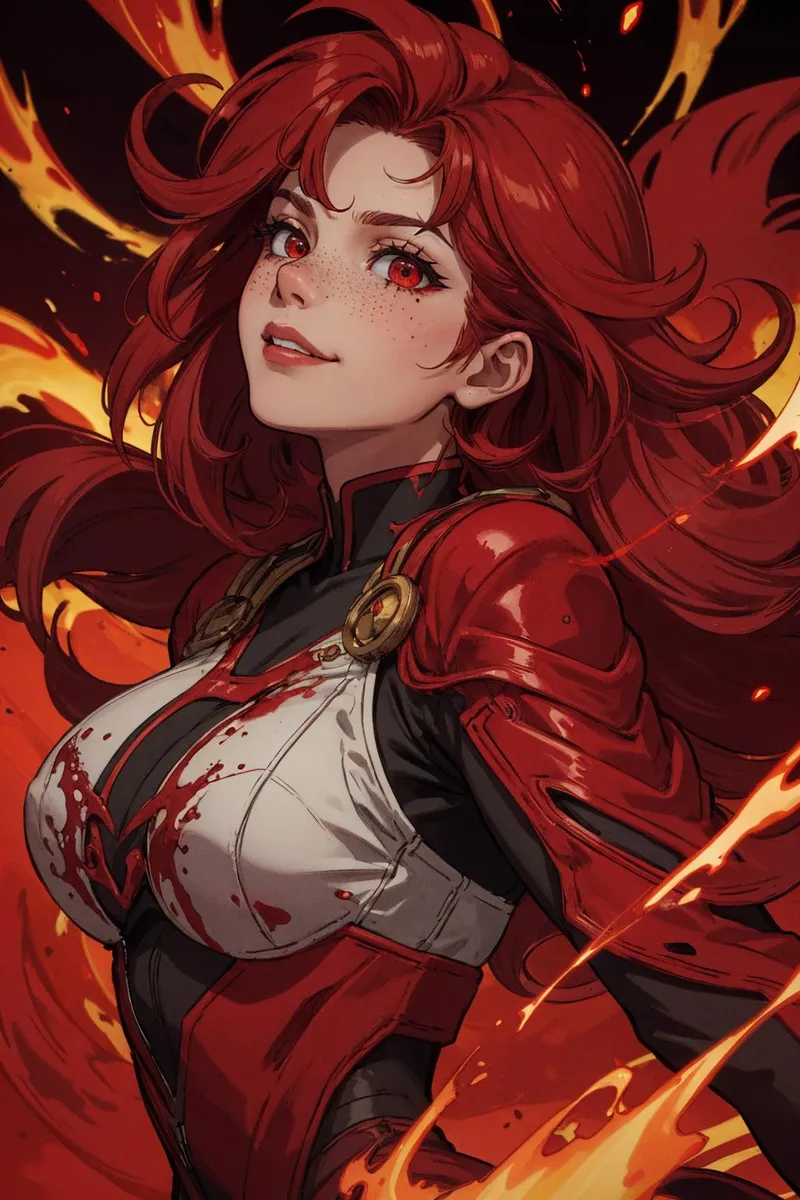 Anime character with long red hair, wearing a red and white futuristic armored suit, standing against a fiery background, AI generated using Stable Diffusion.