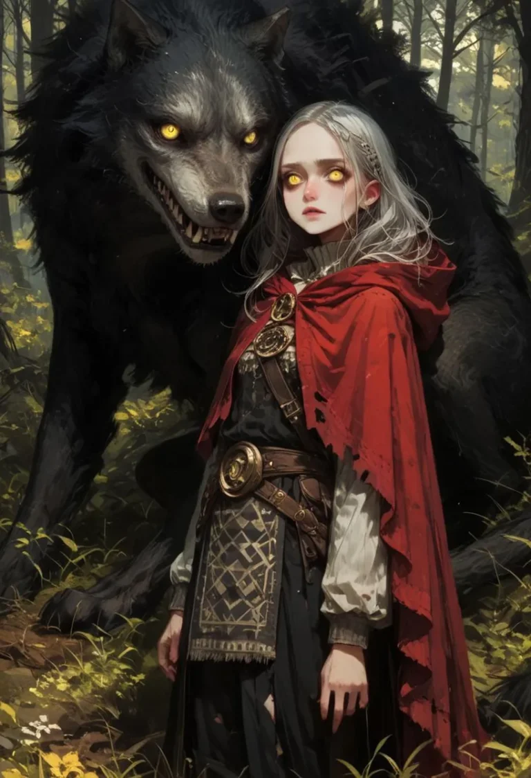 Stylized fantasy art of Little Red Riding Hood standing beside a menacing wolf with glowing yellow eyes, AI generated using Stable Diffusion.