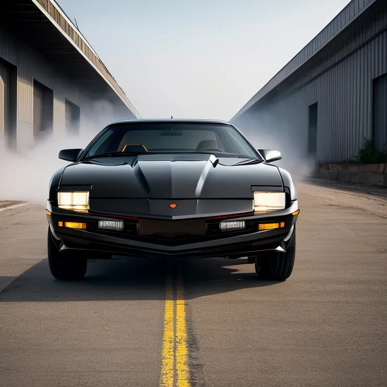 AI-generated image of a retro black sports car, created using Stable Diffusion, set on a street between industrial buildings.