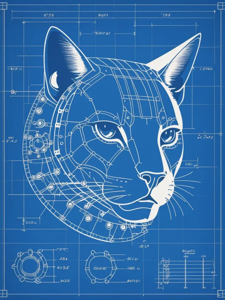 Detailed blueprint artwork of a mechanical cat's head created using AI with Stable Diffusion. The blueprint features intricate mechanical details and components sketched out against a blue grid background.