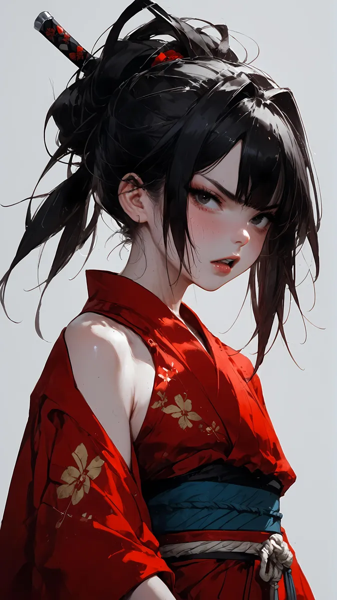 Anime-style image of a stern-faced girl with black hair in a messy bun, wearing a red kimono decorated with flowers, holding a sheathed katana behind her back, generated using Stable Diffusion AI.