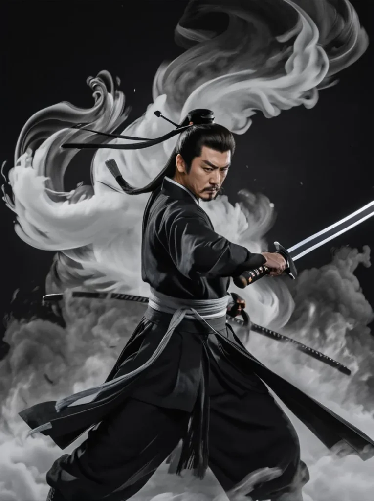 A powerful ai-generated image using stable diffusion of a samurai master in traditional attire, wielding a katana with flowing smoke in the background.