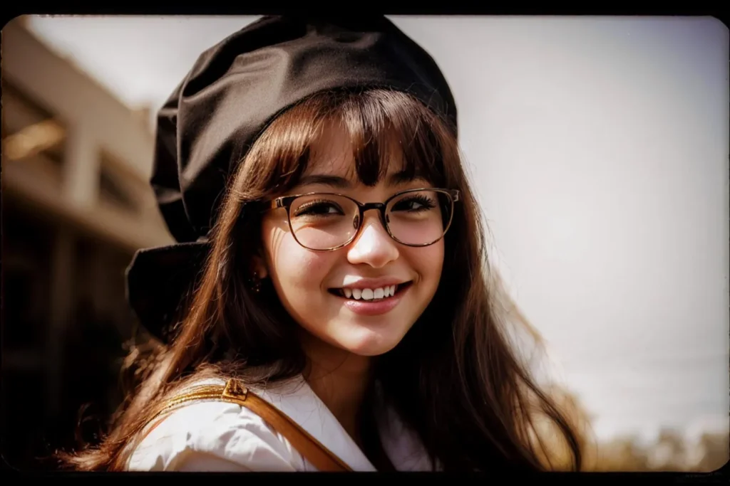 A smiling girl with glasses and a large black beret, ai generated image using stable diffusion.