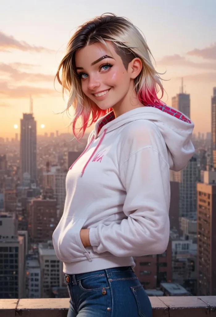 A woman with short, blonde and pink hair in a white hoodie smiles against a cityscape at sunset, ai generated using stable diffusion.