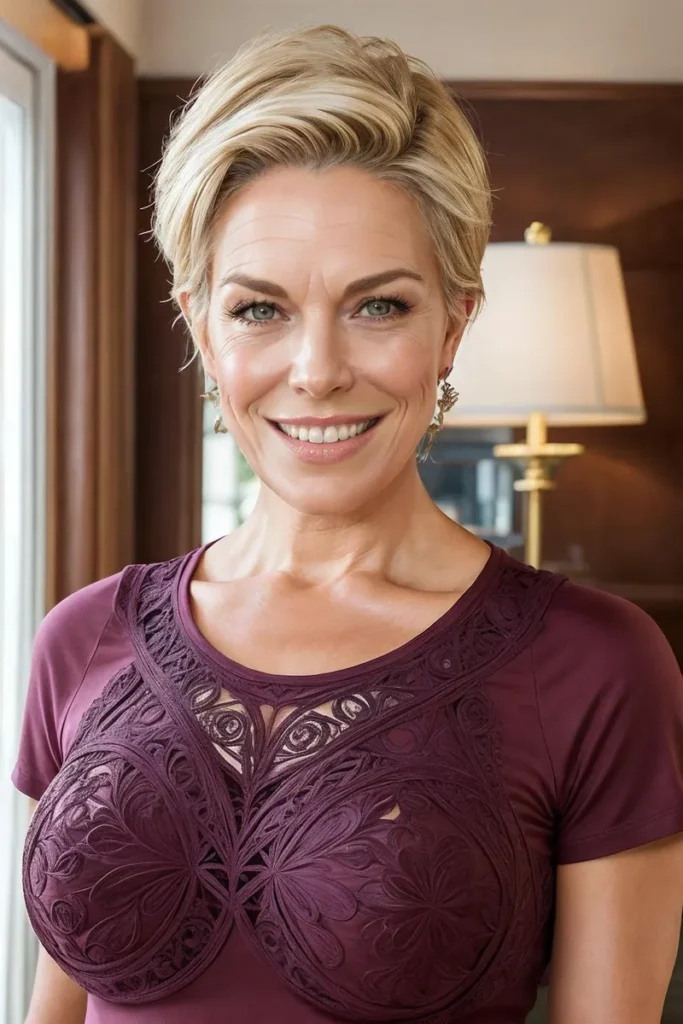 Smiling woman with short blonde hair wearing a wine-colored, intricately designed dress, ai generated using stable diffusion.