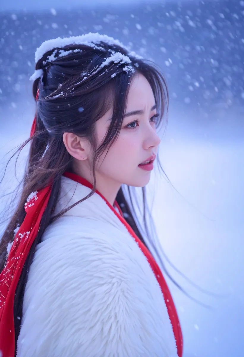 A snowy portrait of a woman in traditional attire. This is an AI generated image using Stable Diffusion.