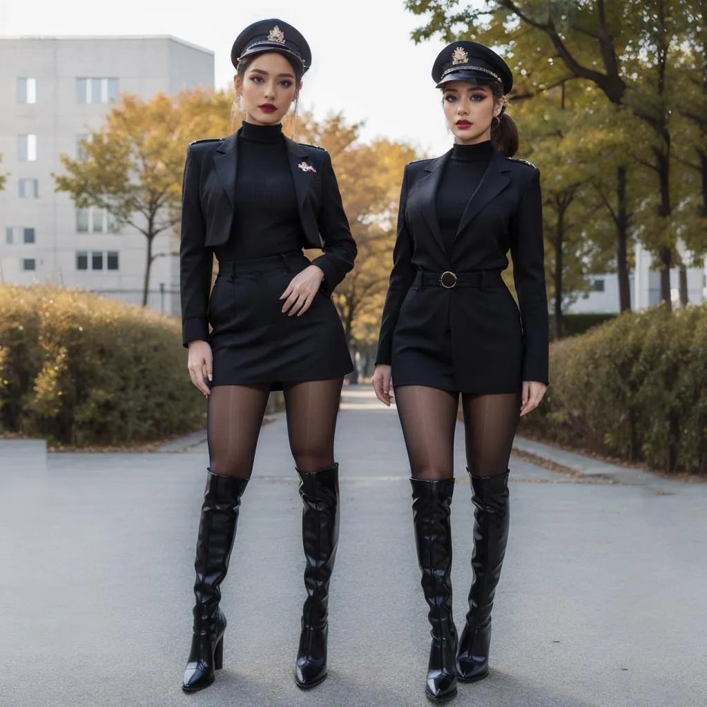 Stylish twin women in matching black outfits and thigh-high boots, AI generated image using stable diffusion.