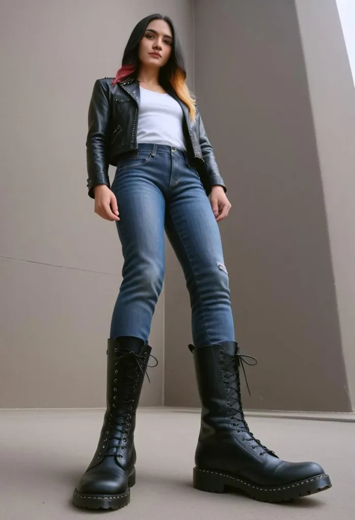 Ai-generated image of a stylish woman in a black leather jacket, white t-shirt, blue jeans, and black boots.